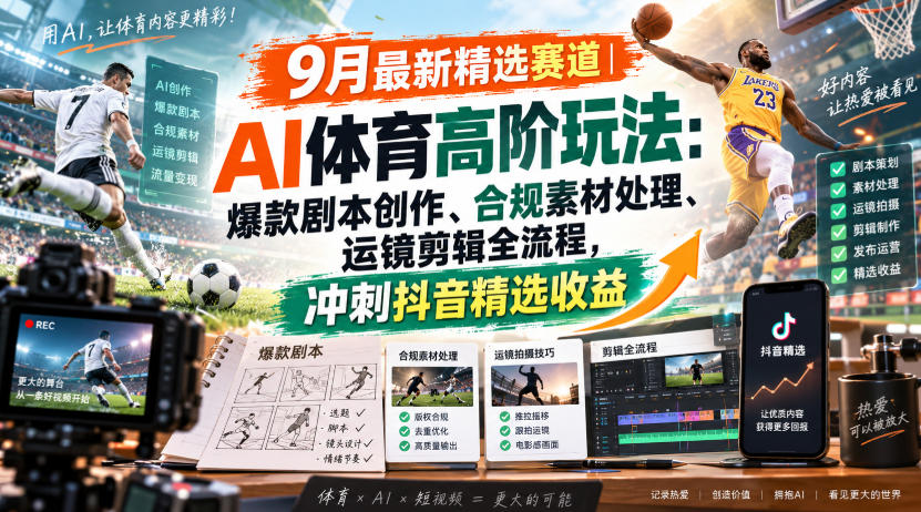 某大佬的9月最新精选赛道之AI体育顶级玩法，爆款剧本创作、版权规避、运镜剪辑全流程，稳拿抖音精选收益-吾爱云课堂