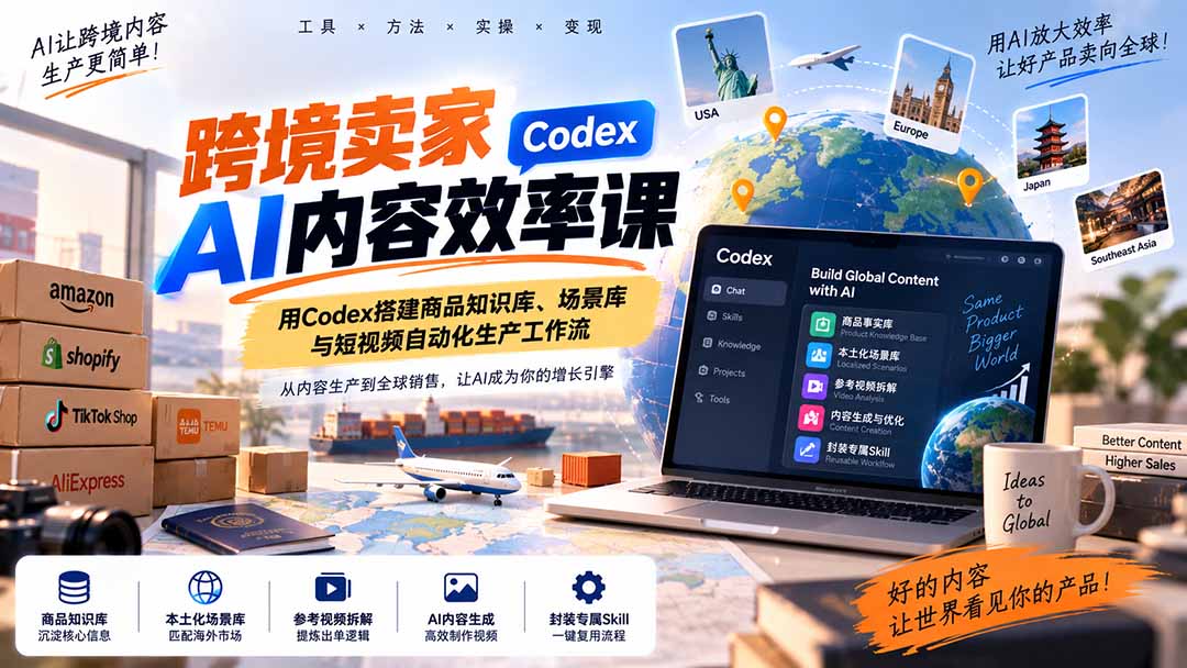 跨境卖家AI内容效率课：用Codex搭建商品知识库、场景库与短视频自动化生产工作流-吾爱云课堂