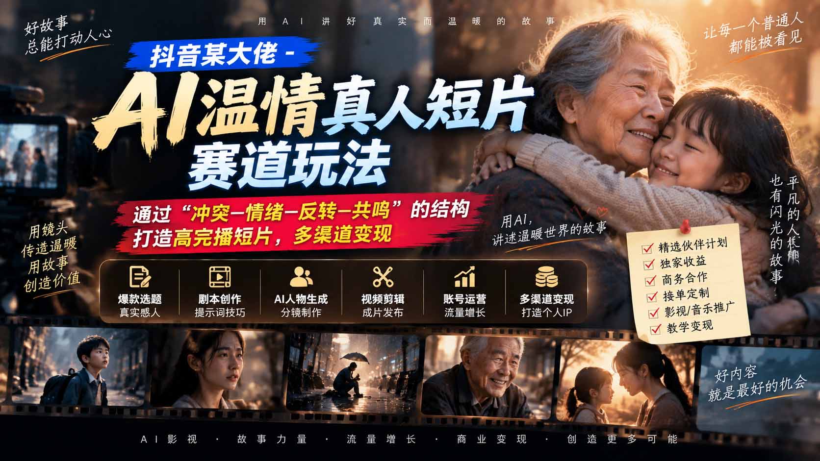 抖音某大佬-AI温情真人短片赛道玩法：通过“冲突—情绪—反转—共鸣”的结构打造高完播短片，多渠道变现-吾爱云课堂
