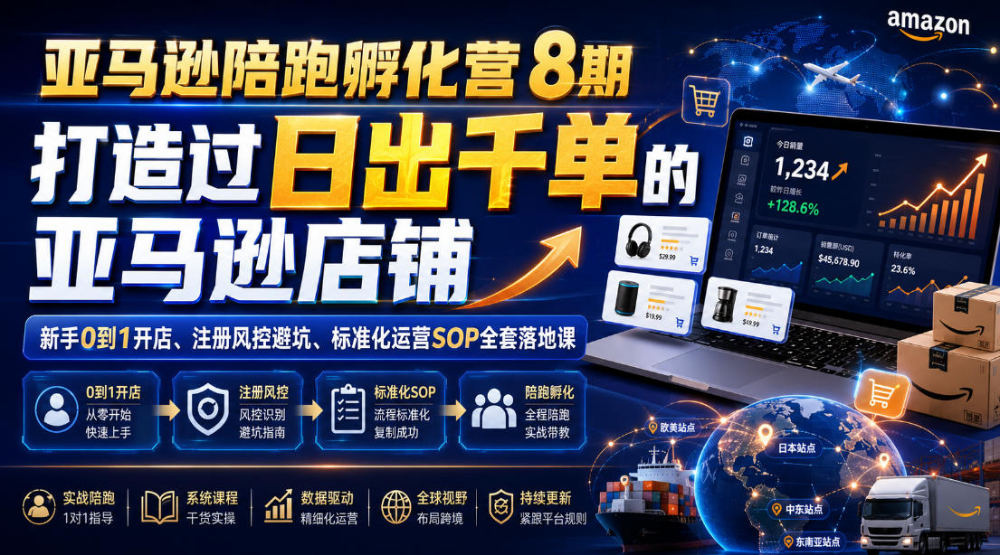亚马逊陪跑孵化营8期，打造过日出千单的亚马逊店铺，新手0到1开店、注册风控避坑、标准化运营SOP全套落地课-吾爱云课堂