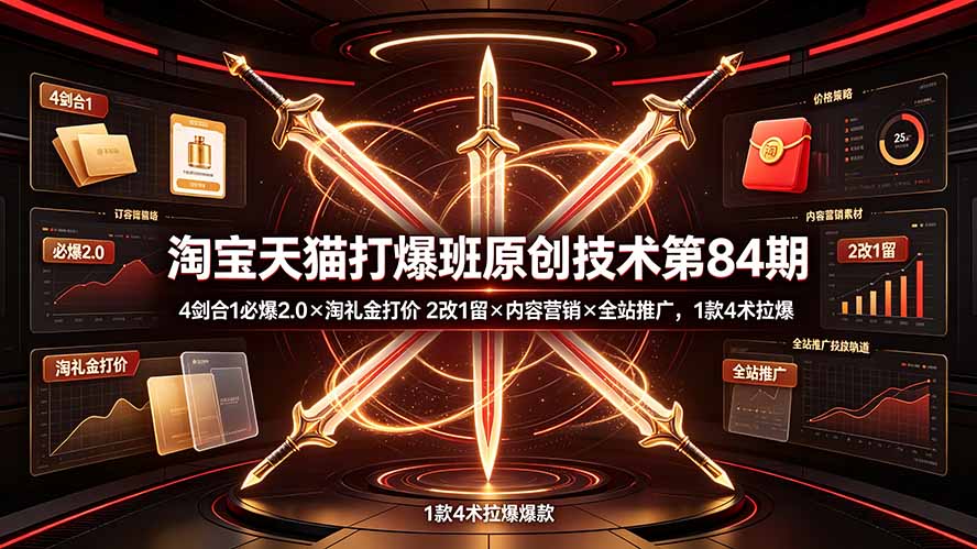 淘宝天猫打爆班原创技术第84期:4剑合1必爆2.0×淘礼金打价×2改1留×内容营销×全站推广,1款4术拉爆-吾爱云课堂