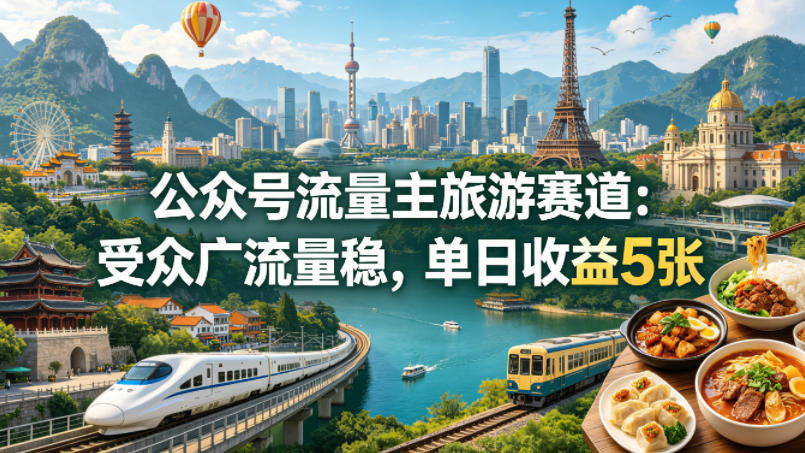 公众号流量主之旅游赛道，受众广+流量稳，平均单日收益5张+-吾爱云课堂