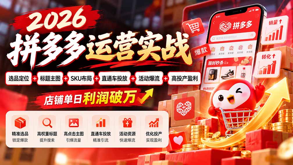 2026拼多多运营实战-更新1002:选品定位+标题主图+SKU布局+直通车投放+活动爆流+高投产盈利 店铺单日利润破万-吾爱云课堂