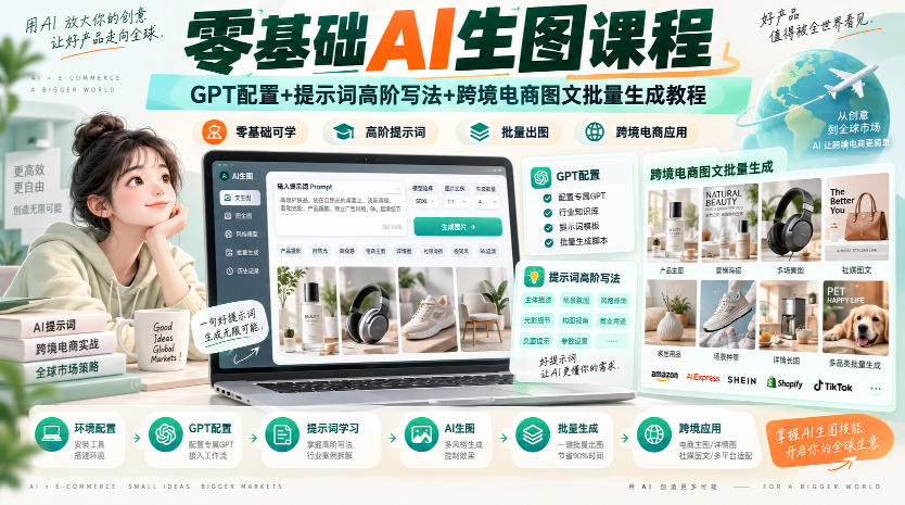 零基础AI生图课程，GPT配置+提示词高阶写法+跨境电商图文批量生成教程-吾爱云课堂