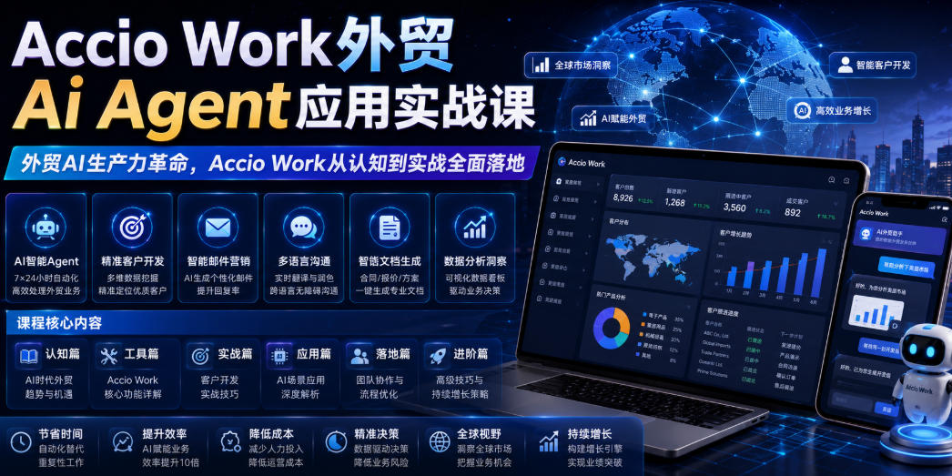 Accio Work外贸Ai Agent应用实战课，外贸AI生产力革命，Accio Work从认知到实战全面落地-吾爱云课堂
