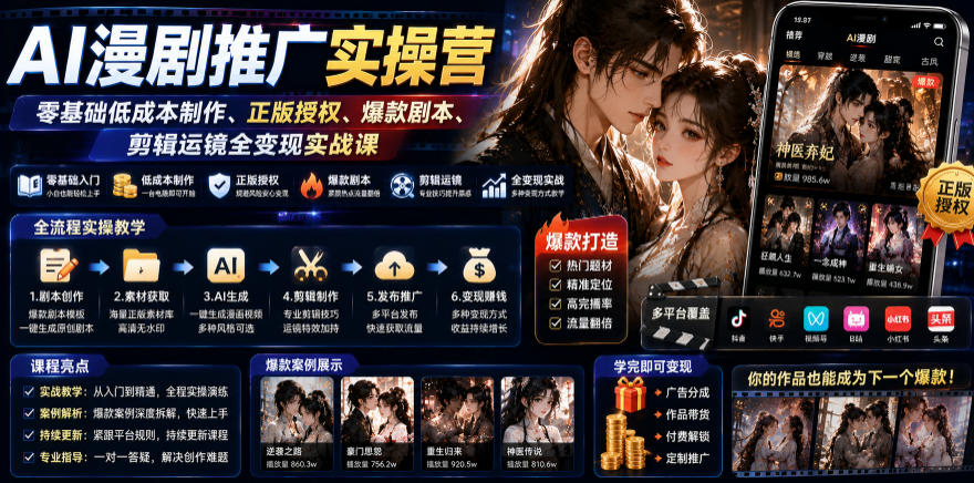 AI漫剧推广实操营｜零基础低成本制作、正版授权、爆款剧本、剪辑运镜全变现实战课-吾爱云课堂
