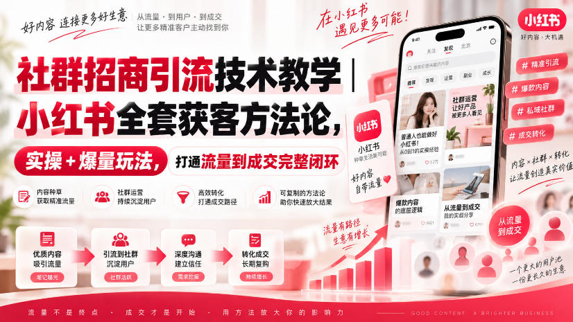社群招商引流技术教学｜小红书全套获客方法论，实操+爆量玩法，打通流量到成交完整闭环-吾爱云课堂