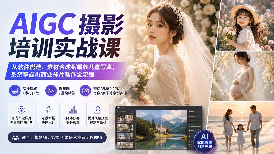 AIGC摄影培训实战课：从软件搭建、素材合成到婚纱儿童写真，系统掌握AI商业样片制作全流程-吾爱云课堂