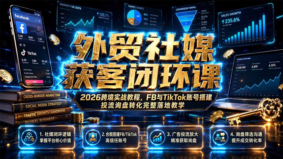 外贸社媒获客闭环课｜2026跨境实战教程，FB与TikTok账号搭建投流询盘转化完整落地教学-吾爱云课堂