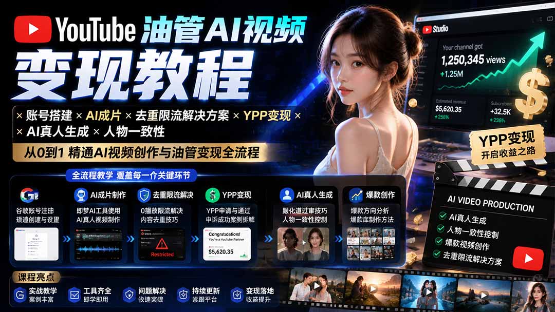 YouTube油管AI视频变现教程：账号搭建×AI成片×去重限流解决方案×YPP变现×AI真人生成×人物一致性-吾爱云课堂