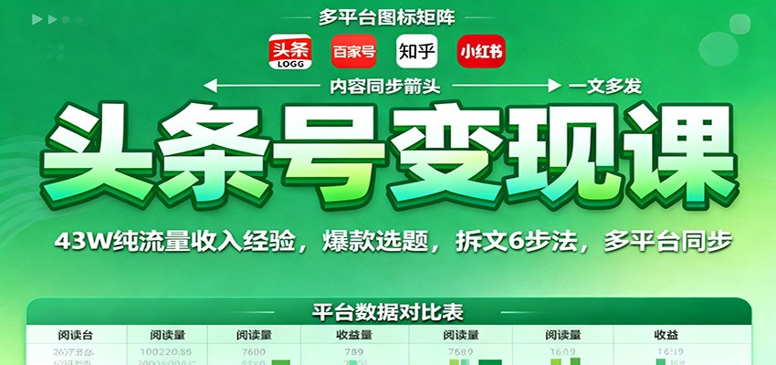 头条号变现课:43W纯流量收入经验,爆款选题,拆文6步法,多平台同步-吾爱云课堂
