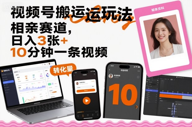 视频号搬运玩法,相亲赛道,日入3张+,10分钟一条视频-吾爱云课堂