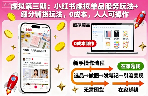 虚拟第三期:小红书虚拟单品服务玩法+细分铺货玩法,0成本,人人可操作-吾爱云课堂
