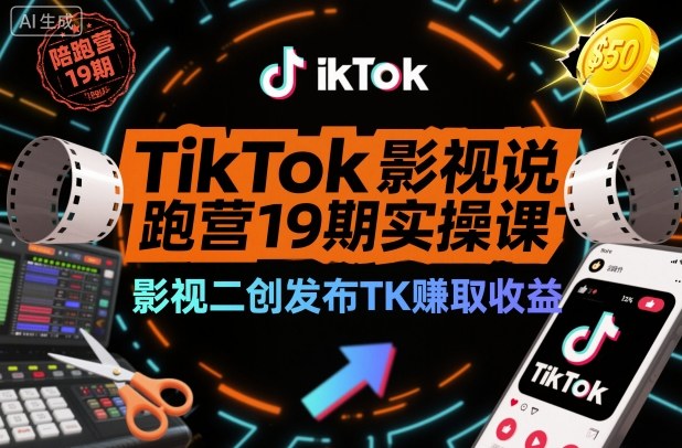TikTok影视解说陪跑营19期实操课，影视二创发布TK賺取收益，万播收益50美金(更新)-吾爱云课堂