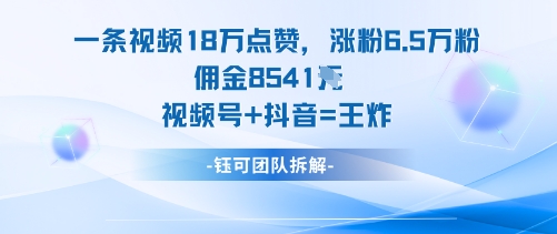 一条视频18W点赞,涨粉6.5W粉佣金8541米,视频号+抖音=王炸-吾爱云课堂