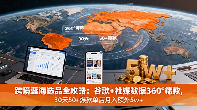 跨境蓝海选品全攻略:谷歌+社媒数据360°筛款,30天50+爆款单店月入额外5w+-吾爱云课堂