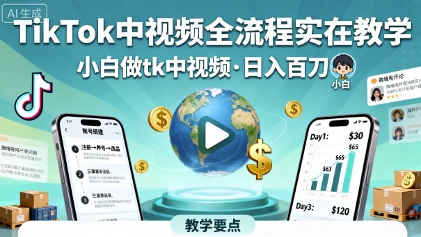 TikTok中视频全流程实操教学,小白做tk中视频,日入百刀-吾爱云课堂