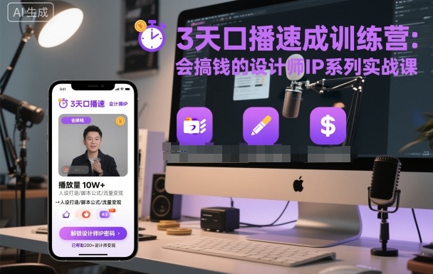 3天口播速成训练营,会搞钱的设计师IP系列实战课-吾爱云课堂