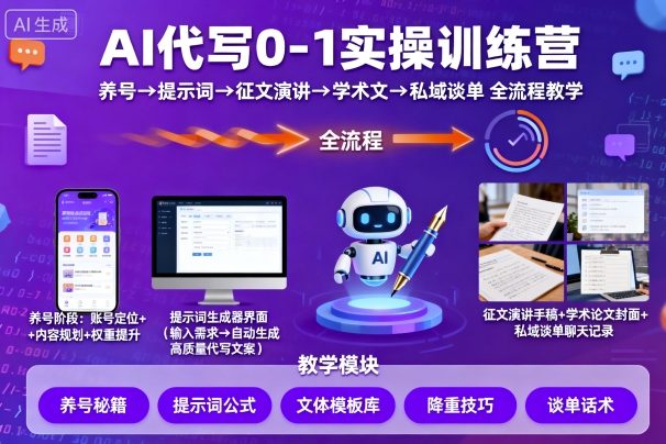 AI代写0-1实操训练营，从养号、提示词、征文演讲、学术文，到私域谈单的全流程教学-吾爱云课堂