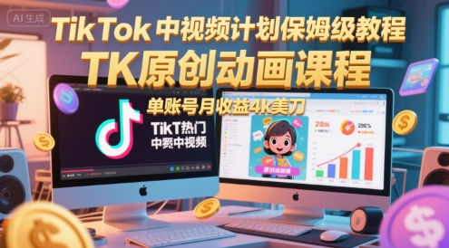 TikTok中视频计划保姆级教程,TK原创动画课程,单账号月收益4k美刀-吾爱云课堂