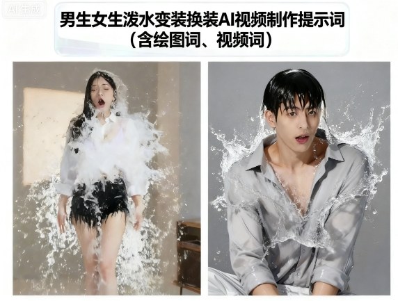 男生女生泼水变装换装AI视频制作提示词(含绘图词、视频词)-吾爱云课堂