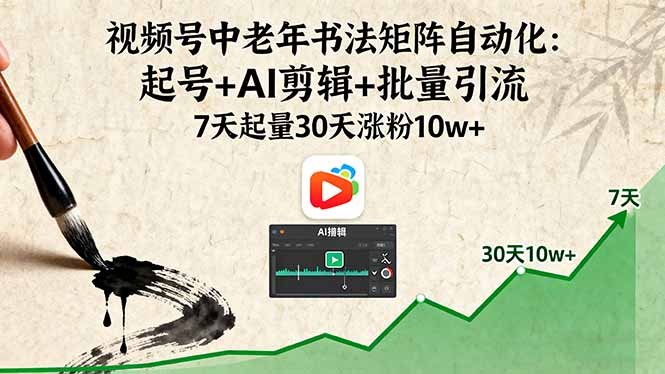视频号中老年书法矩阵自动化:起号+AI剪辑+批量引流 7天起量30天涨粉10w+-吾爱云课堂