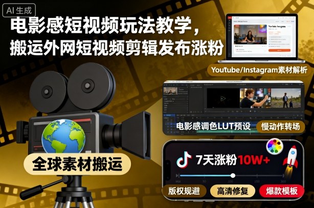电影感短视频玩法教学,搬运外网短视频剪辑发布涨粉-吾爱云课堂