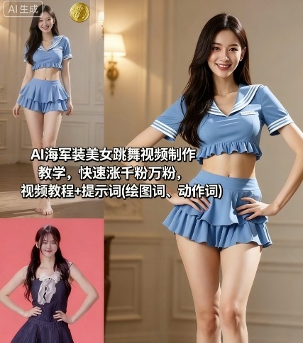 AI海军装美女跳舞视频制作教学，快速涨千粉万粉，视频教程+提示词(绘图词、动作词)-吾爱云课堂