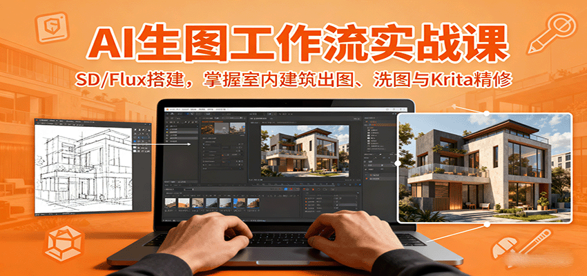 AI生图工作流实战课:SD/Flux搭建,掌握室内建筑出图、洗图与Krita精修-吾爱云课堂