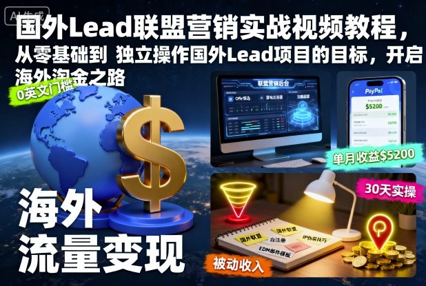 国外Lead联盟营销实战视频教程,从零基础到独立操作国外Lead项目的目标,开启海外淘金之路-吾爱云课堂