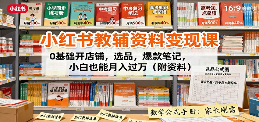 小红书教辅资料变现课:0基础开店铺,选品,爆款笔记,小白也能月入过万(附资料)-吾爱云课堂