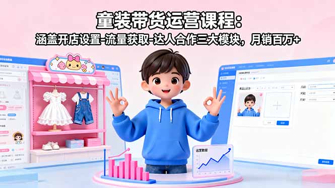 童装带货运营课程:涵盖开店设置-流量获取-达人合作三大模块,月销百万+-吾爱云课堂