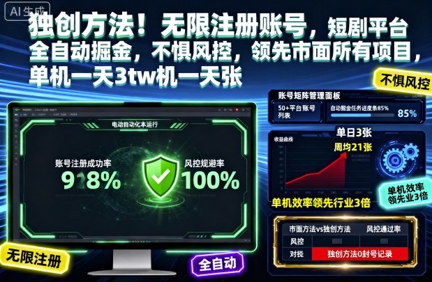 独创方法!无限注册账号,短剧平台全自动掘金,不惧风控,领先市面所有项目,单机一天3张【揭秘】-吾爱云课堂