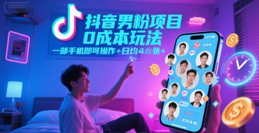 抖音男粉项目0成本玩法,一部手机即可操作,日均4张+,时间自由-吾爱云课堂