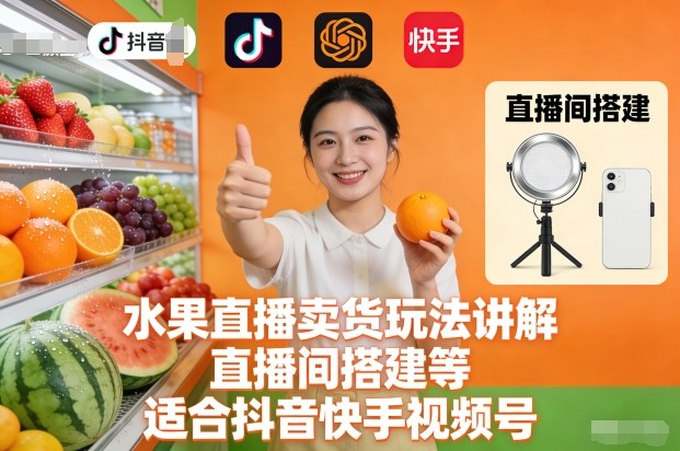 水果直播卖货玩法讲解、直播间搭建等，适合抖音快手视频号-吾爱云课堂