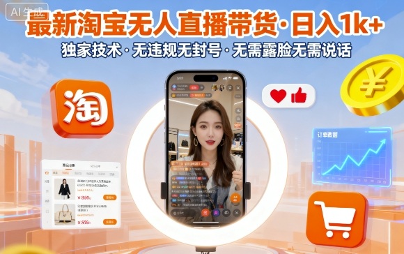 最新淘宝无人直播带货,日入1k+,独家技术,无违规无封号,无需露脸无需说话【揭秘】-吾爱云课堂