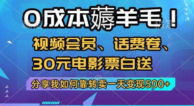0成本薅羊毛!视频会员、话费卷、30元电影票白送，分享我如何靠转卖一天变现5张+【揭秘】-吾爱云课堂