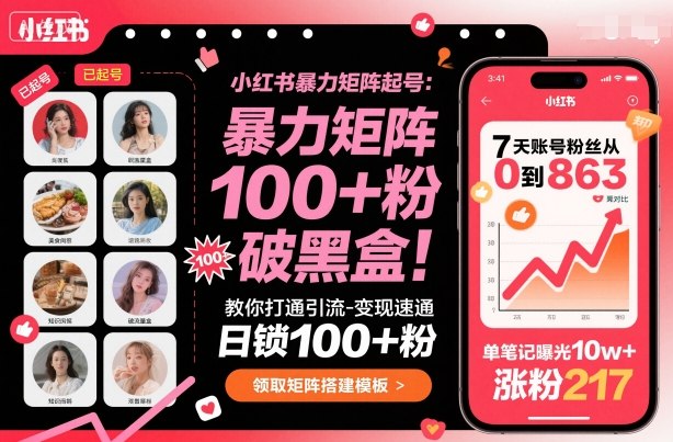 小红书暴力矩阵起号,教你打通引流-变现速通,日锁100+粉,破流量黑盒-吾爱云课堂