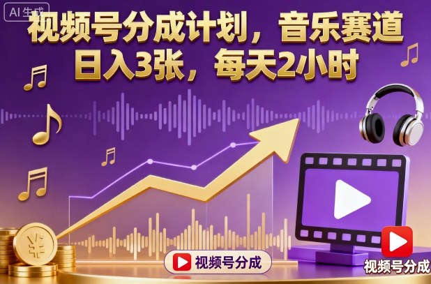 视频号分成计划,音乐赛道,日入3张,每天2小时-吾爱云课堂