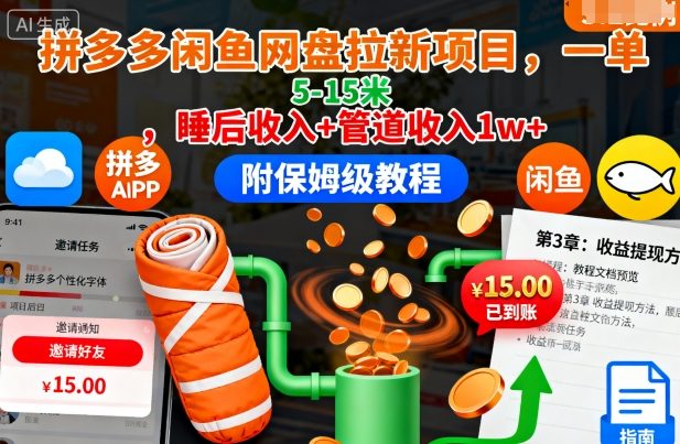 拼多多闲鱼网盘拉新项目,一单5-15米,睡后收入+管道收入1w+(附保姆级教程)-吾爱云课堂