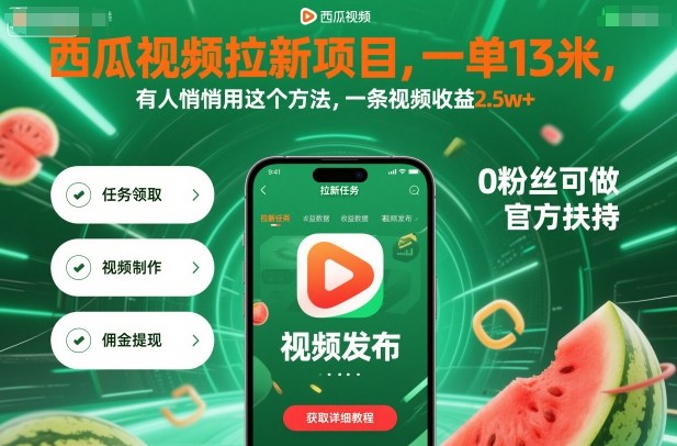 西瓜视频拉新项目,一单13米,有人悄悄用这个方法,一条视频收益2.5w+(附详细教程)-吾爱云课堂