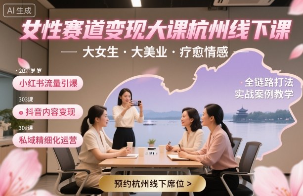 女性赛道变现大课杭州线下,大女生,大美业,疗愈情感,一套小红书、抖音、私域全链路打法-吾爱云课堂