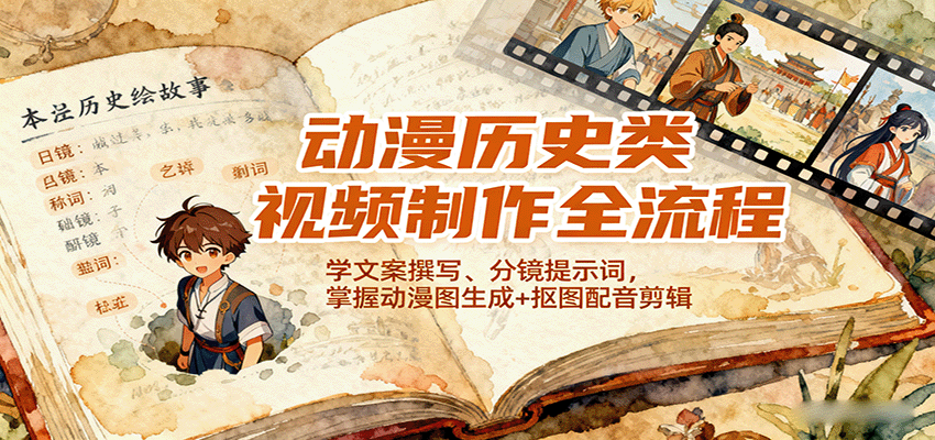 动漫历史类视频制作全流程,学文案撰写、分镜提示词,掌握动漫图生成+抠图配音剪辑-吾爱云课堂
