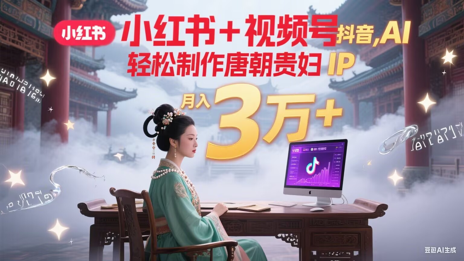 小红书+视频号+抖音,AI轻松制作唐朝贵妇IP,毒鸡汤、励志、减肥瘦身、养生赛道轻松切入,每天30分钟,轻松产出N条,月入3万+-吾爱云课堂