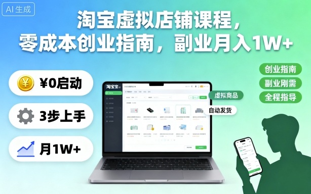 淘宝虚拟店铺课程,零成本创业指南,副业月入1W+-吾爱云课堂