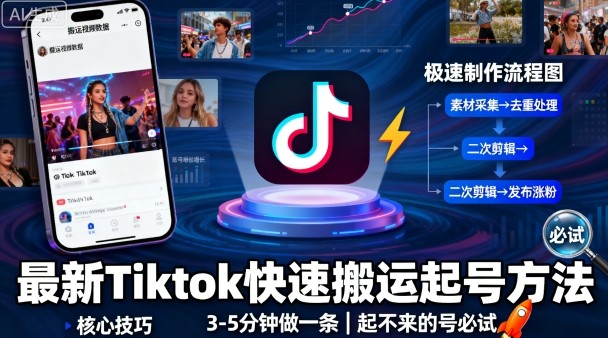 最新Tiktok快速搬运快速起号方法,3-5分钟做一条,起不来的号可以试试-吾爱云课堂