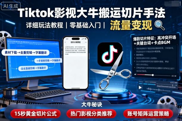 Tiktok影视大牛搬运切片手法,详细玩法教程-吾爱云课堂