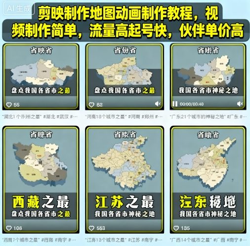 剪映制作地图动画制作教程，视频制作简单，流量高起号快，伙伴单价高-吾爱云课堂