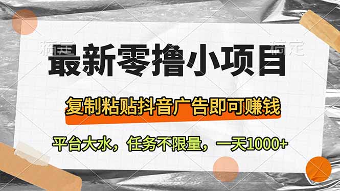 最新零撸小项目,复制粘贴抖音广告即可赚钱,平台大水,任务不限量,一...-吾爱云课堂