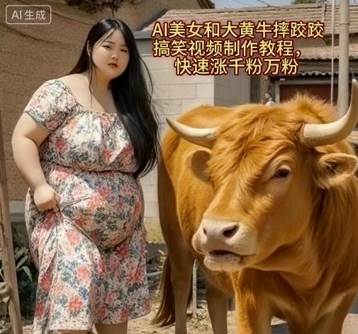AI美女和大黄牛摔跤搞笑荒诞视频制作教程,快速涨千粉万粉-吾爱云课堂